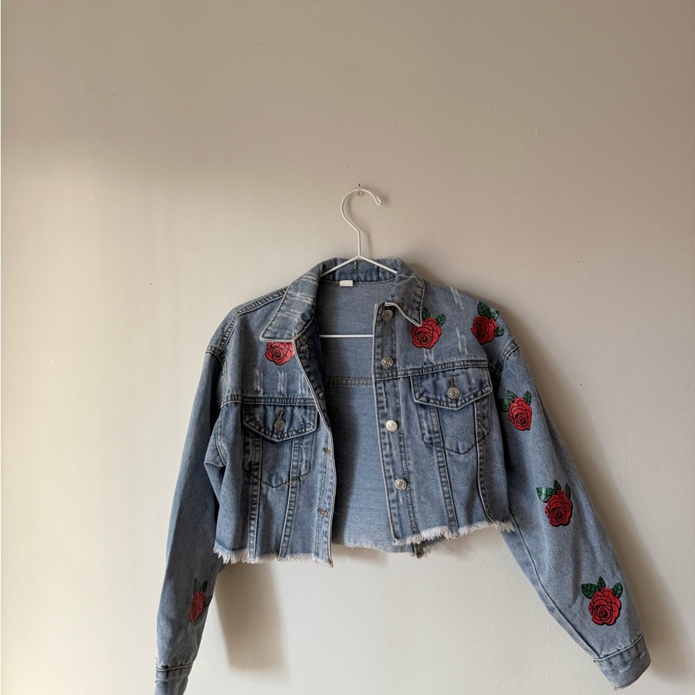 Mega Cropped Denim Jacket with Rose Embroidery by Lulu Simone - Picture 5 of 14